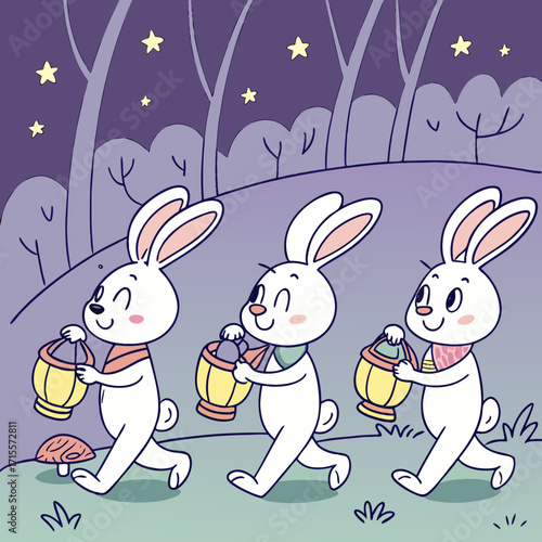 Vector art of three adorable rabbits are walking through a whimsical forest at night, each carrying a glowing lantern, creating a magical and enchanting scene under the starry sky