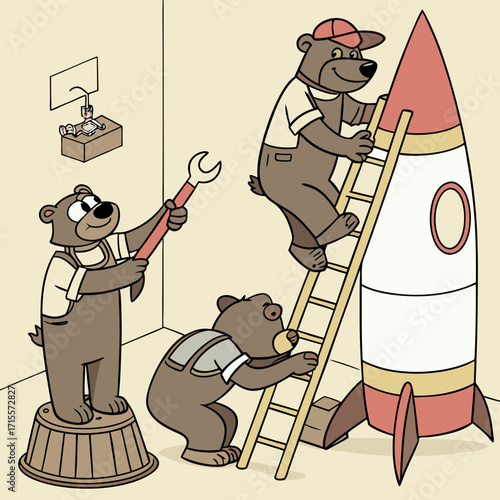 Vector art of three bears are working on a rocket, one is standing on a barrel holding a wrench, another is climbing a ladder, and the third is helping from below