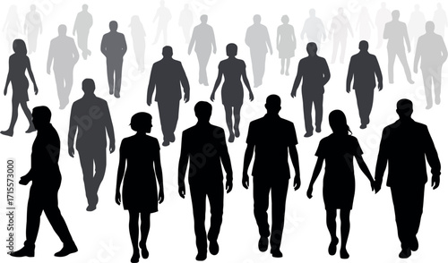 Diverse people walking crowd silhouettes group journey together community crowd vector