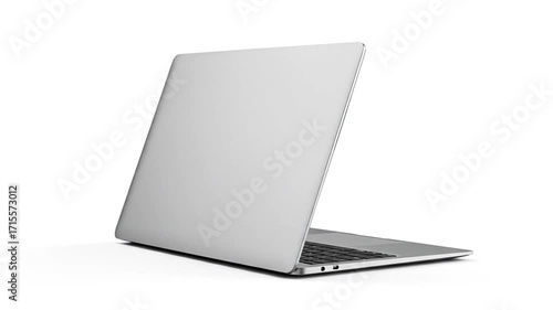 A modern, slim laptop with a silver metallic finish is showcased against a clean white background. This minimalist shot is ideal for concepts of business, technology, remote work, and digital communic