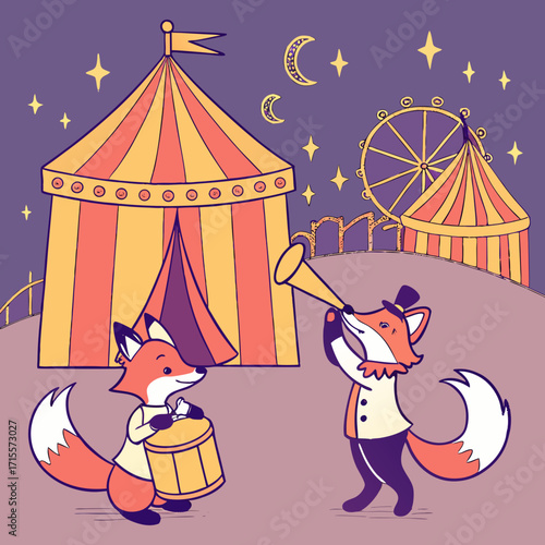 Vector art of two adorable foxes are having a blast at the circus, one playing the drum and the other blowing a horn, with tents, a ferris wheel, stars, and a crescent moon in the background