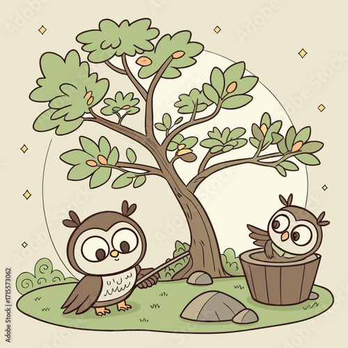 Vector art of two adorable owl friends enjoying nature under a tree, surrounded by rocks and stars, creating a heartwarming and peaceful scene in a serene outdoor setting