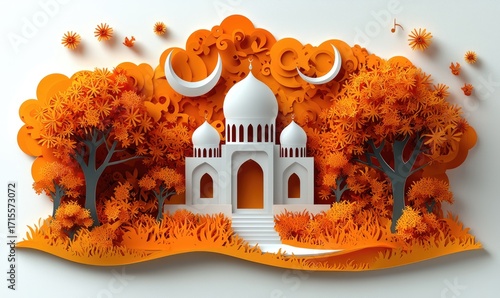 Paper-cut mosque scene, autumn colors