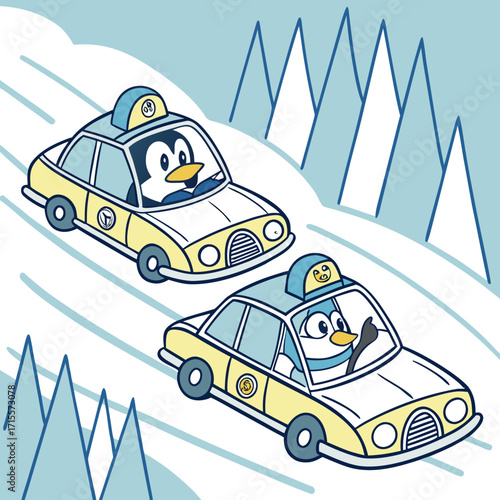 Vector art of two adorable penguin taxi drivers navigate a snowy landscape, their yellow cabs adding a pop of color to the winter scene, with snowcapped mountains in the background