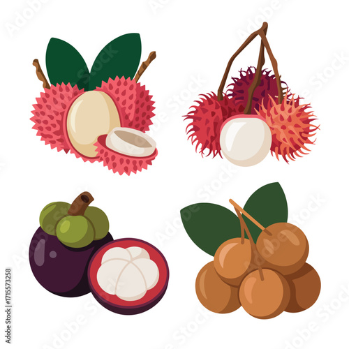 Set of different tropical fruits in vector format
