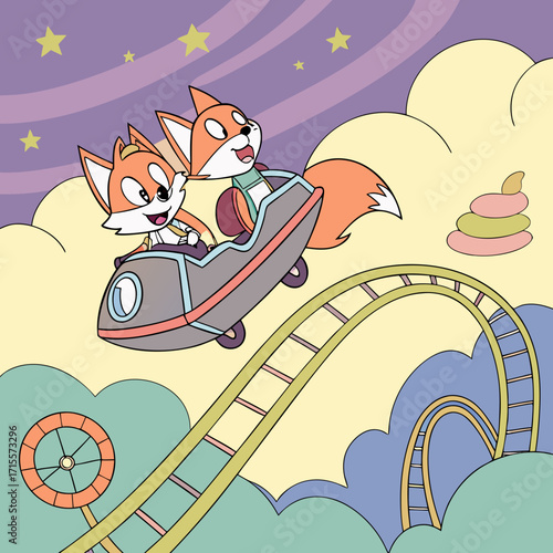Vector art of two cartoon foxes are riding a rocket on a roller coaster at night, with stars and clouds in the background, creating a whimsical and adventurous scene