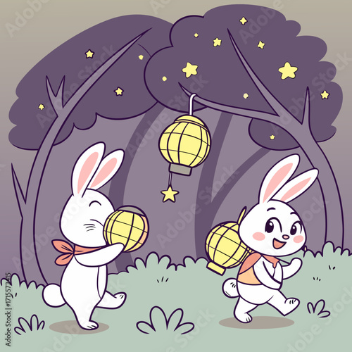 Vector art of two cheerful rabbits are playing with lanterns in a whimsical forest at night, creating a magical and enchanting scene under the starry sky