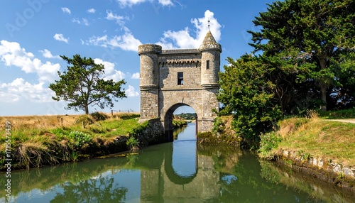 A serene canal scene showcasing a historic stone arch bridge with towering fortifications, reflected perfectly in the calm water, under a bright, partly cloudy sky.