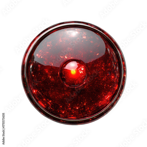A single glowing red eye with a metallic rim representing a futuristic ai or surveillance camera isolated on transparent background
