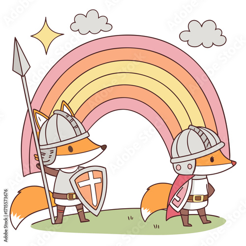 Vector art of two cute fox knights stand guard before a rainbow, one holding a spear and shield, the other wearing a cape, with a star and clouds in the sky