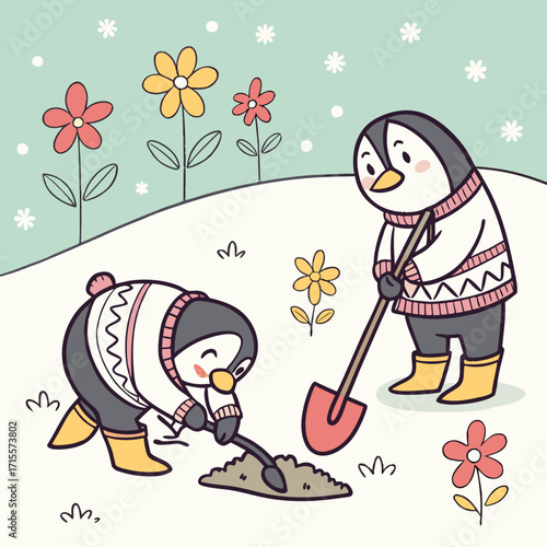 Vector art of two cute penguins are planting flowers in a snowy garden, wearing cozy sweaters and boots, creating a heartwarming and whimsical scene