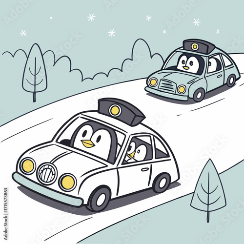 Vector art of two delightful penguin taxi drivers navigate a snowy landscape, their vintage cabs adding a touch of nostalgia to the winter scene, with snowcapped mountains in the background