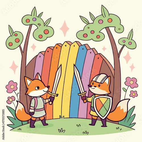 Vector art of two fox knights face off with swords before a colorful fence and trees, surrounded by flowers and sparkling stars, ready for a duel or adventure