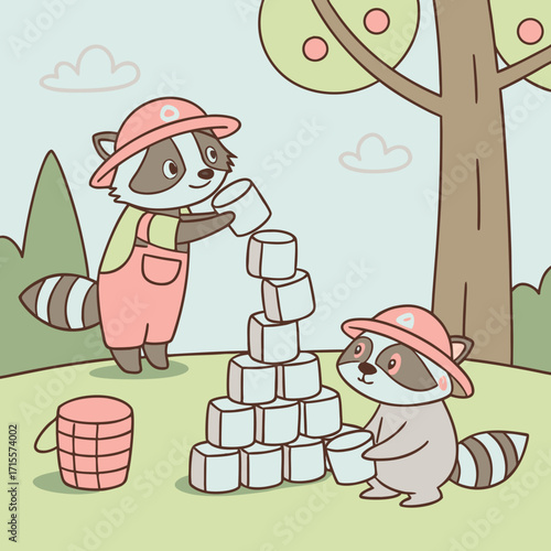 Vector art of two raccoons are building a tower of marshmallows in a park, surrounded by trees, grass, and a bucket, creating a sweet and playful scene, with a cheerful and whimsical atmosphere