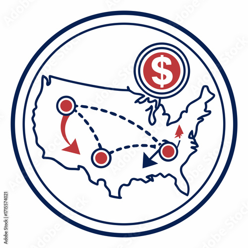 Illustration of the united states map with a dollar sign, depicting the flow of money and economic activity across the country