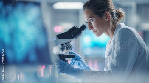 Female research scientist looking through a microscope in a modern high-tech laboratory.