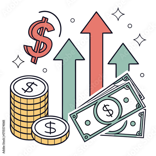 Vector art of financial growth illustration with dollar sign, coins, and banknotes pointing upwards, symbolizing market success and investment returns with a clean, modern design