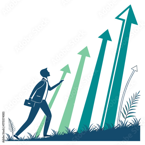 Illustration of a businessman walking towards upwardpointing arrows, symbolizing career growth, ambition, and professional success
