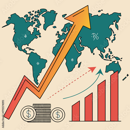 Vector art of global financial growth illustration with world map, chart, coins, and banknotes pointing upwards, symbolizing market success and investment returns