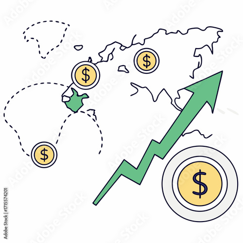 Vector art of global market growth illustration with a world map, dollar symbols, and a rising arrow, depicting international business expansion and financial success