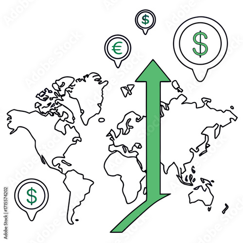 Vector art of a world map with currency symbols and a rising arrow, representing global financial growth and international business expansion