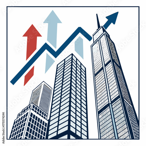 Illustration of a city skyline with skyscrapers and upward trending arrows, symbolizing growth, success, and positive financial trends in business and urban development