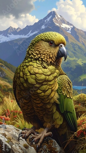 A detailed close-up view of a vibrant kea parrot perched atop a rocky outcrop against a backdrop of majestic mountains.