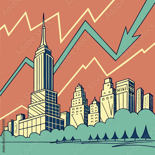 Vector art of retro illustration of a city skyline featuring the empire state building, with a downward trending arrow indicating economic decline, set against a vintage color palette