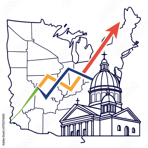 Illustration of a map of the usa with a church and upward trending graph, , symbolizing growth and faith across the nation