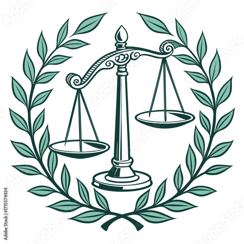 Vector art of scales of justice surrounded by a laurel wreath, symbolizing law, fairness, and legal proceedings, a timeless emblem of the judicial system