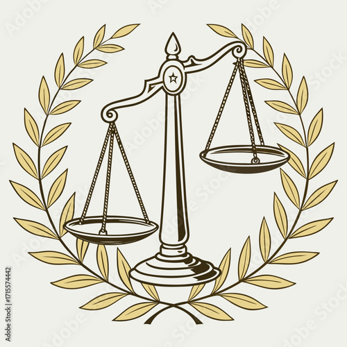 Vector art of elegant scales of justice encircled by a laurel wreath, representing law, equilibrium, and the judicial process, a classic symbol of justice