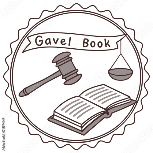 Vector art of gavel, book, and scales of justice in a circular frame, symbolizing legal knowledge, authority, and balance, a representation of the legal system