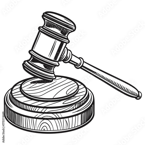 Vector art of a handdrawn gavel resting on a sound block, the gavel is made of wood and has a smooth, polished finish, the sound block is round and has a simple design
