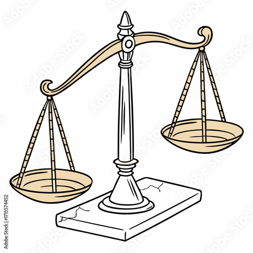 Vector art of a handdrawn balance scale with a beige background the scale is made of metal and has a smooth, polished finish, the base is rectangular and has a simple design