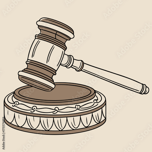 Vector art of a handdrawn gavel resting on a sound block with a beige background the gavel is made of wood and has a smooth, polished finish, the sound block is round and has a simple design