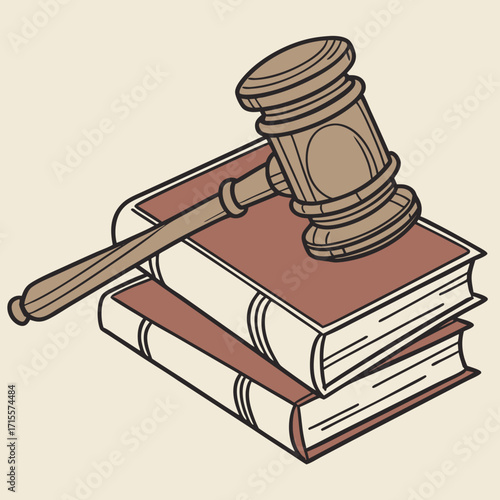 Vector art of legal gavel on books concept illustration a wooden gavel resting on top of stacked books, symbolizing law, justice, legal proceedings, and the authority of the court