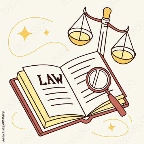 Vector art of law book concept illustration an open book with the word law on its pages, scales of justice, and a magnifying glass, symbolizing legal study, justice, and the pursuit of knowledge