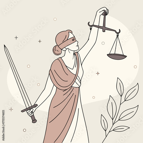 Vector art of elegant line art illustration of lady justice, blindfolded and holding scales and a sword, symbolizing fairness, equality, and the pursuit of justice in legal matters