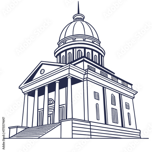 Illustration of a courthouse, symbolizing justice, law, and government, with its architectural design representing authority and legal proceedings