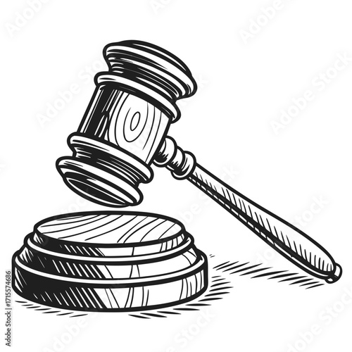Vector art of a handdrawn illustration of a wooden gavel resting on a sounding block, the gavel is angled slightly to the right, with the handle extending towards the upper right