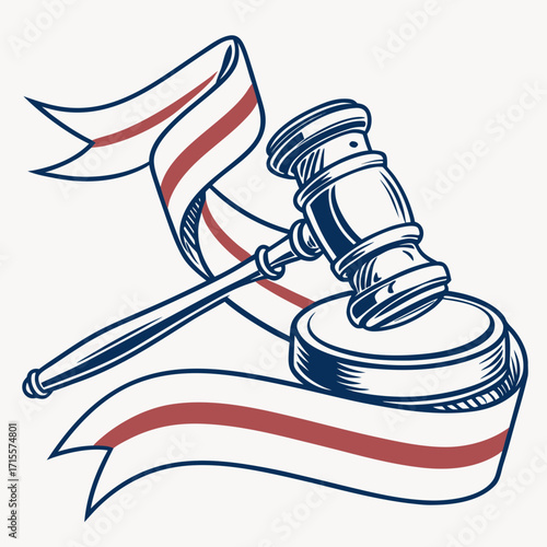 Illustration of a gavel with a patriotic ribbon, symbolizing justice, law, and the legal system, ideal for legal, political, and patriotic themes