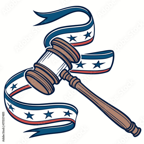 Illustration of a wooden gavel with an american flag ribbon, symbolizing justice, law, and the legal system, ideal for legal, political, and patriotic themes