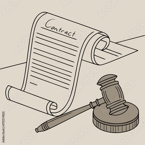 Illustration of a contract document with a gavel, representing legal agreements, judicial oversight, and the enforcement of terms