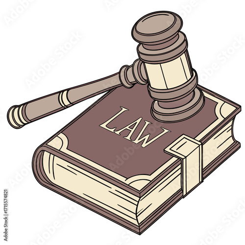 Illustration of a law book with a gavel resting on top, symbolizing legal knowledge, judicial authority, and the pursuit of justice