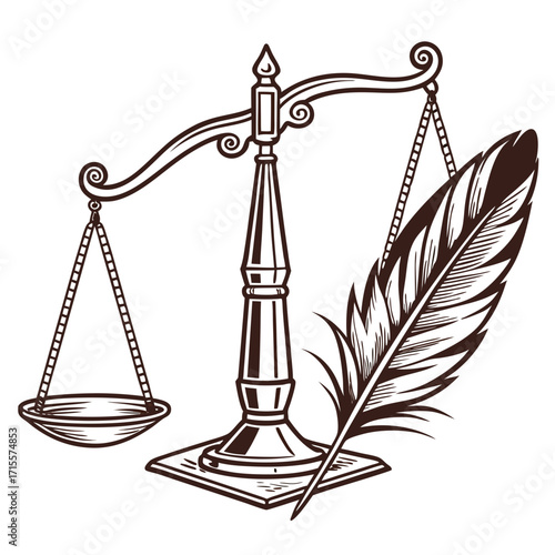 Illustration of a balance scale with a feather, symbolizing the balance between justice and truth, perfect for legal, historical, and philosophical themes