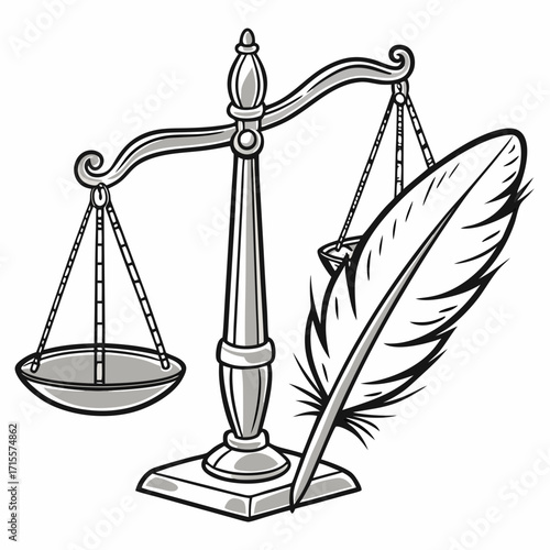 Illustration of a balance scale with a feather, symbolizing the balance between justice and truth, perfect for legal, historical, and philosophical themes