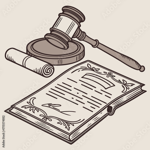 Illustration of a gavel, book, and scroll, the gavel is resting on a sound block, and the book is open to a page with text the scroll is rolled up