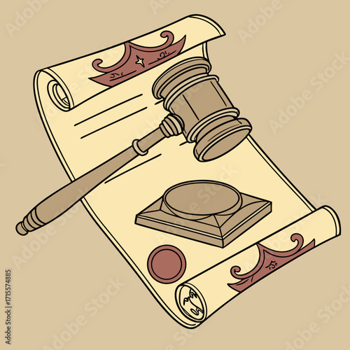 Illustration of a gavel resting on a scroll, symbolizing law, justice, and legal proceedings, with a vintage aesthetic and a focus on the importance of historical documents and judicial authority