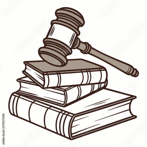 Vector art of gavel resting atop a stack of law books, symbolizing legal authority, justice, and the judicial system, a visual representation of legal knowledge
