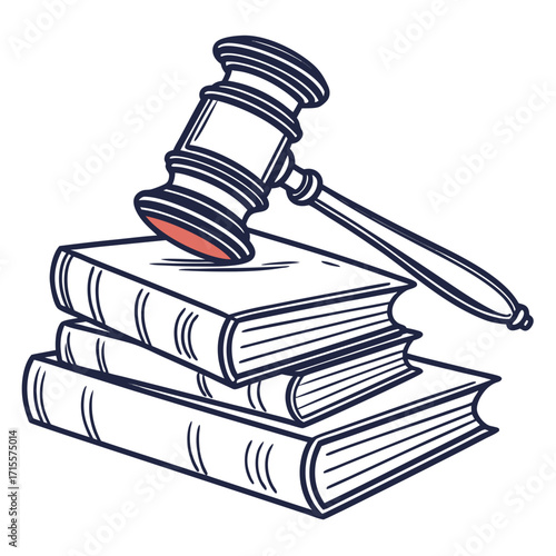 Vector art of gavel resting atop a stack of law books, symbolizing legal authority, justice, and the judicial system, a visual representation of legal knowledge